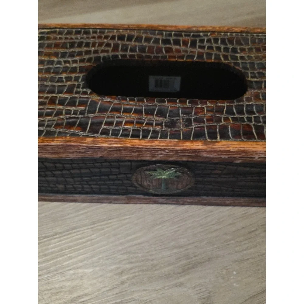 Tissue Box Cover,decorative  heavy man made composite, brown, palm tree on front